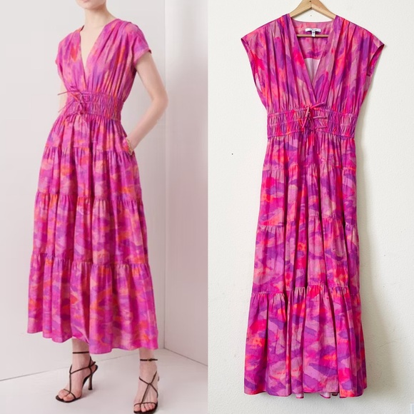 Derek Lam 10 Crosby SIZE 10 Fatima pink tiedye tiered pocketed midi dress